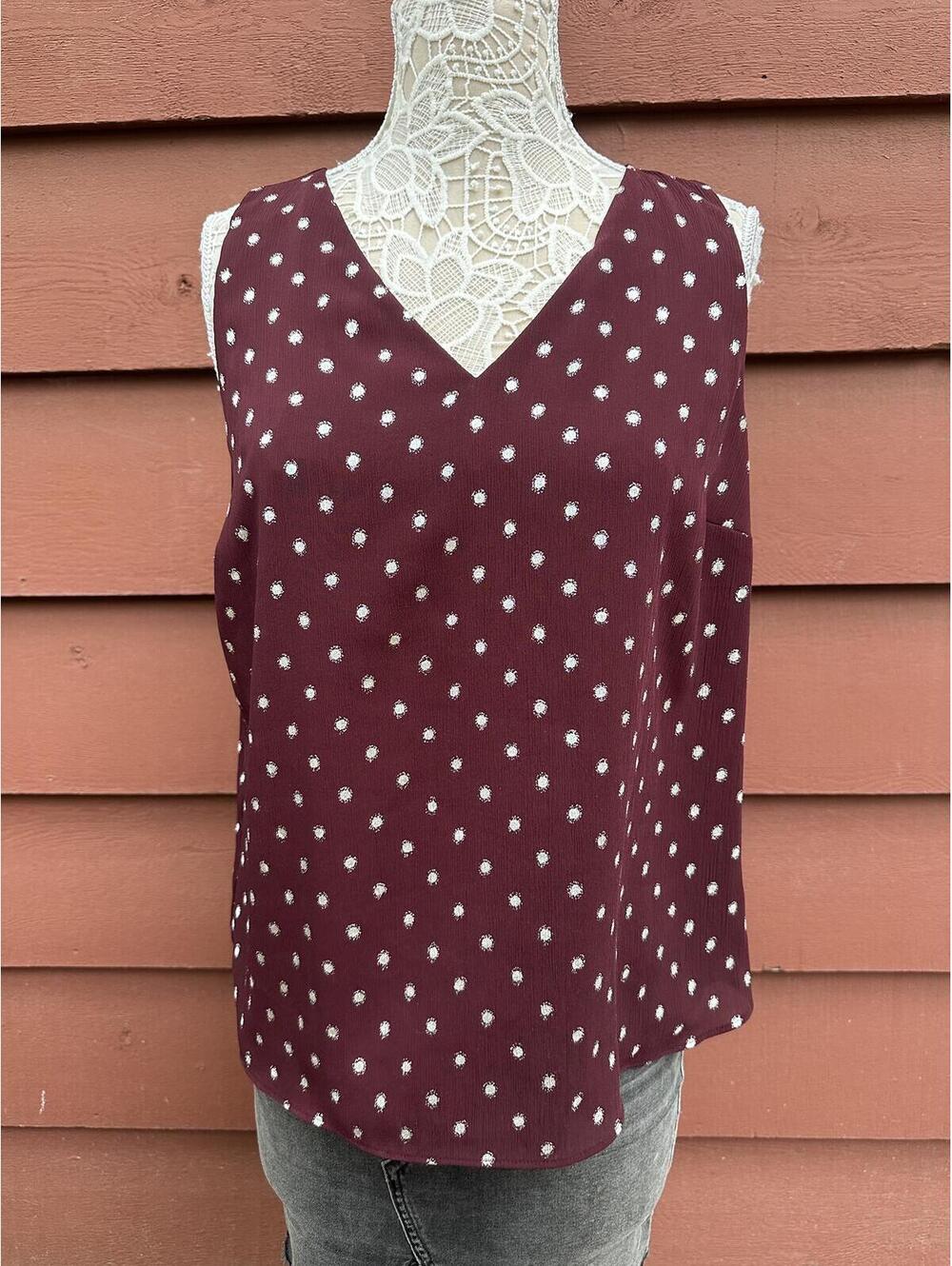 Nine West Burgundy Polka Dot Sleeveless V‎ Neck Tank Top Casual Minimalist